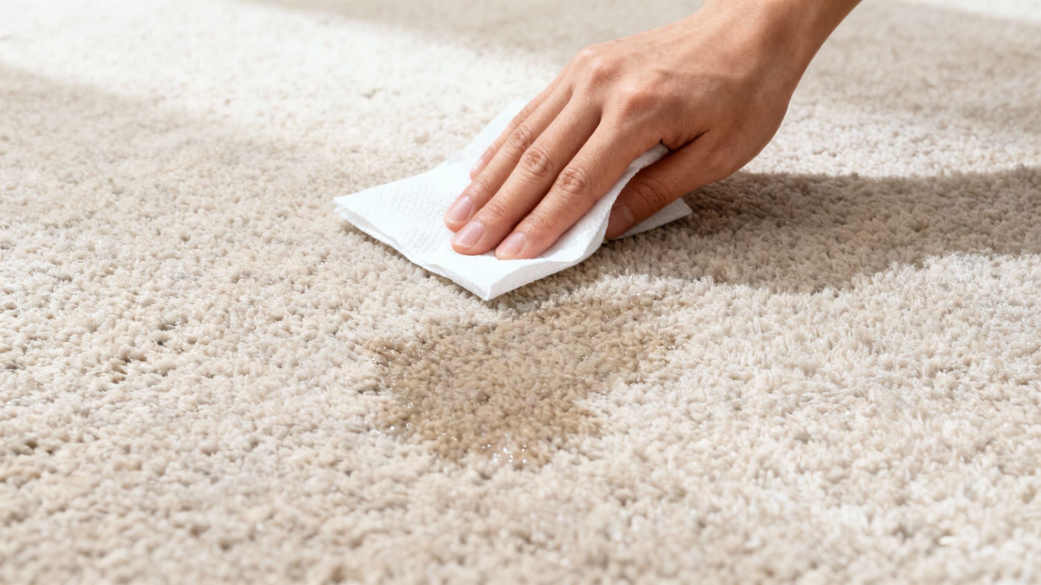 A person's hand using a white paper towel to blot a liquid spill on a beige carpet.