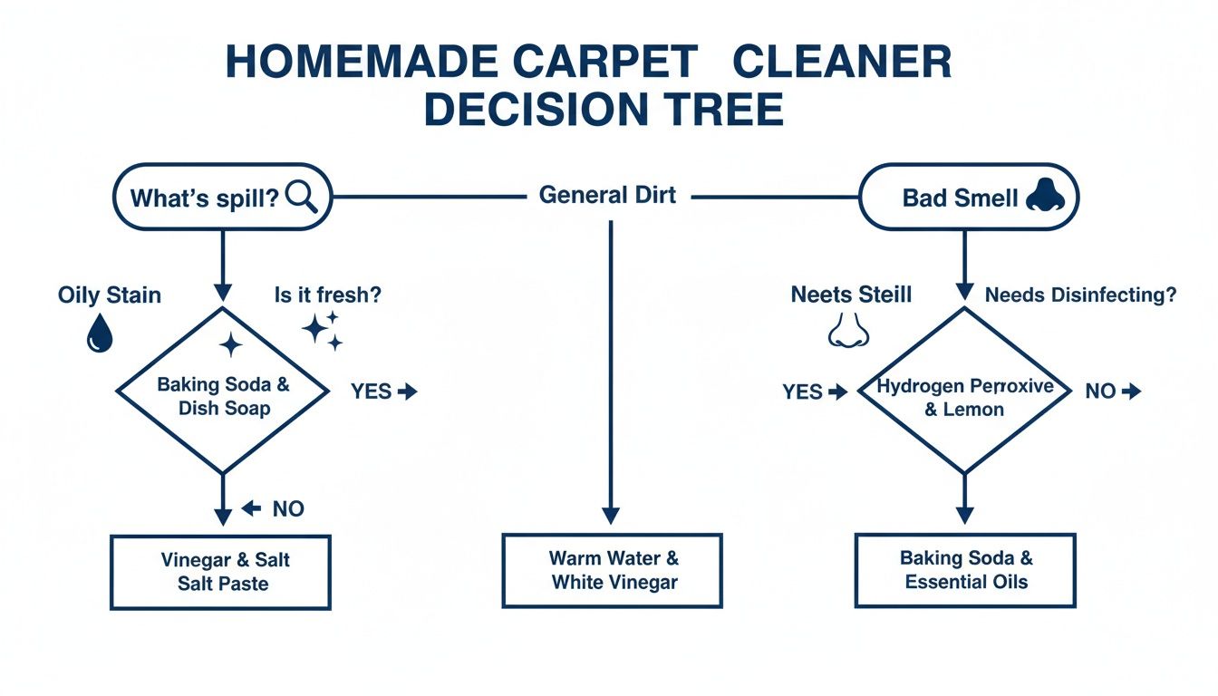 Decision tree for homemade carpet cleaners, guiding solutions for oily stains, general dirt, and bad smells.