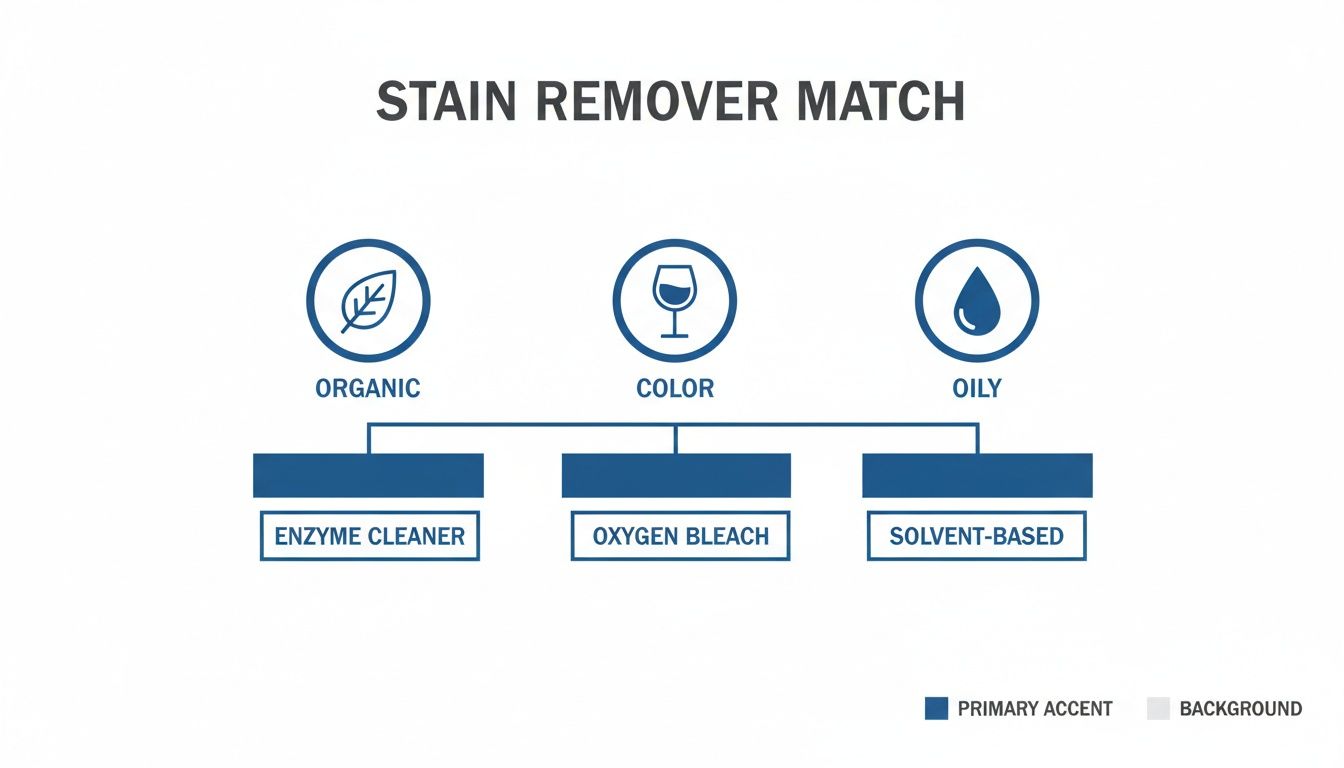 A diagram matching organic, color, and oily stains with enzyme cleaner, oxygen bleach, and solvent-based removers.