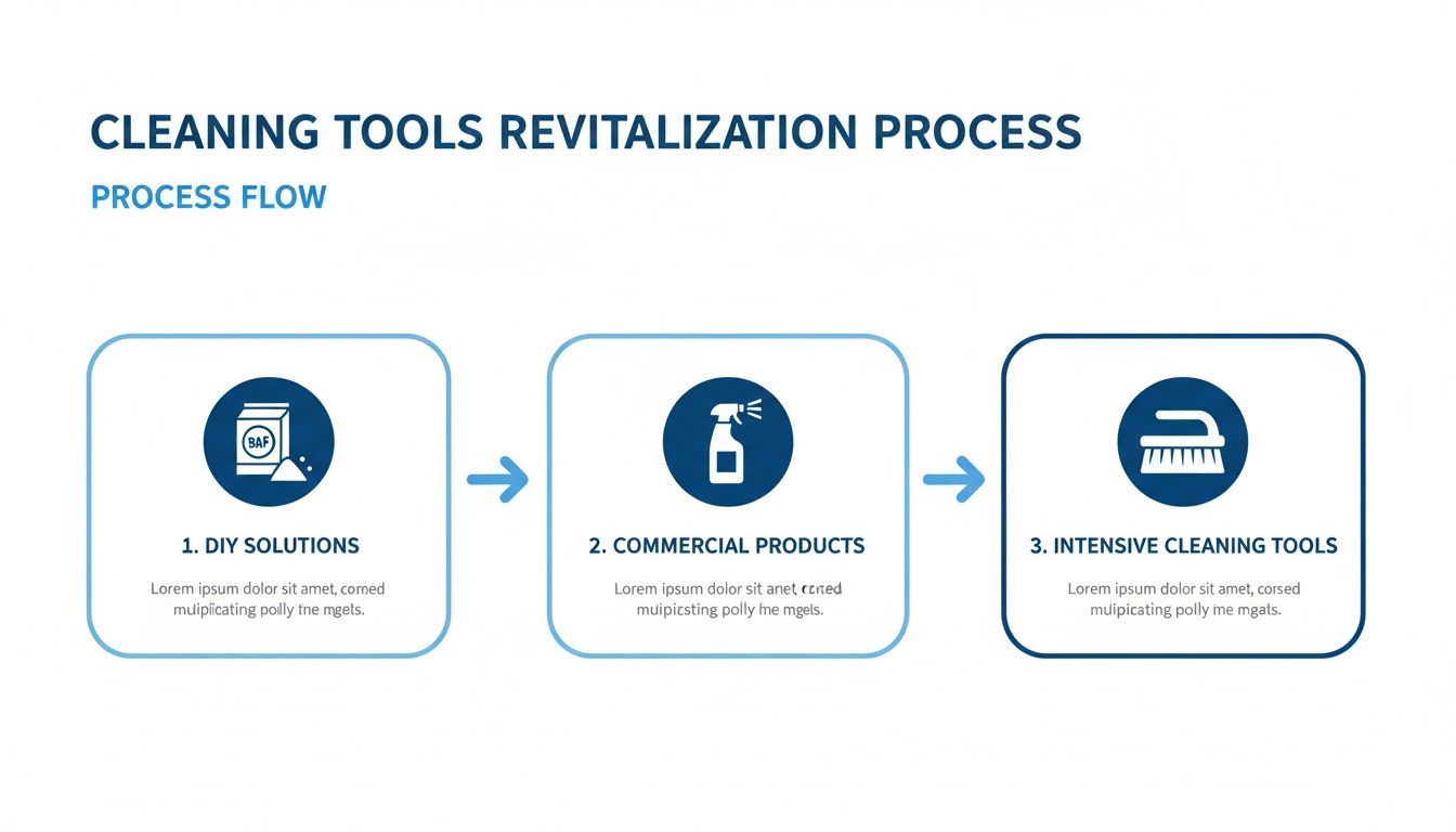 A process flow diagram illustrating three steps for cleaning tools revitalization: DIY solutions, commercial products, and intensive tools.