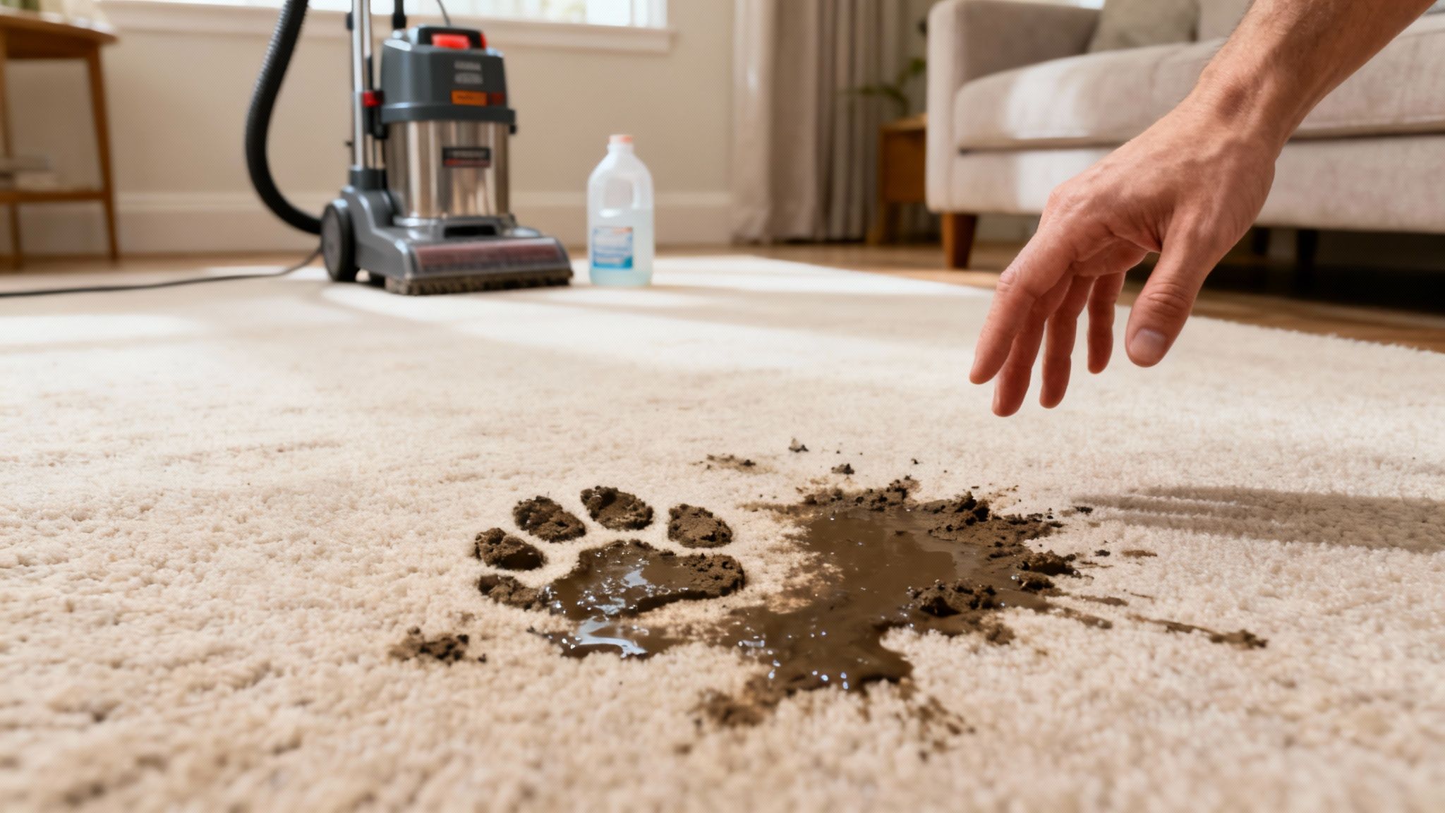A muddy paw print and puddle on a light carpet with a hand reaching towards it, showing a carpet cleaner nearby.