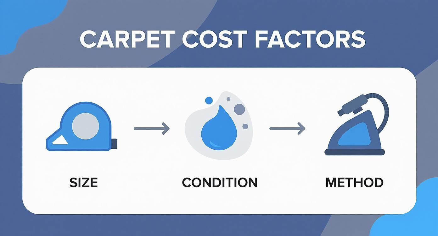Infographic illustrating carpet cleaning cost factors: size, condition, and cleaning method.