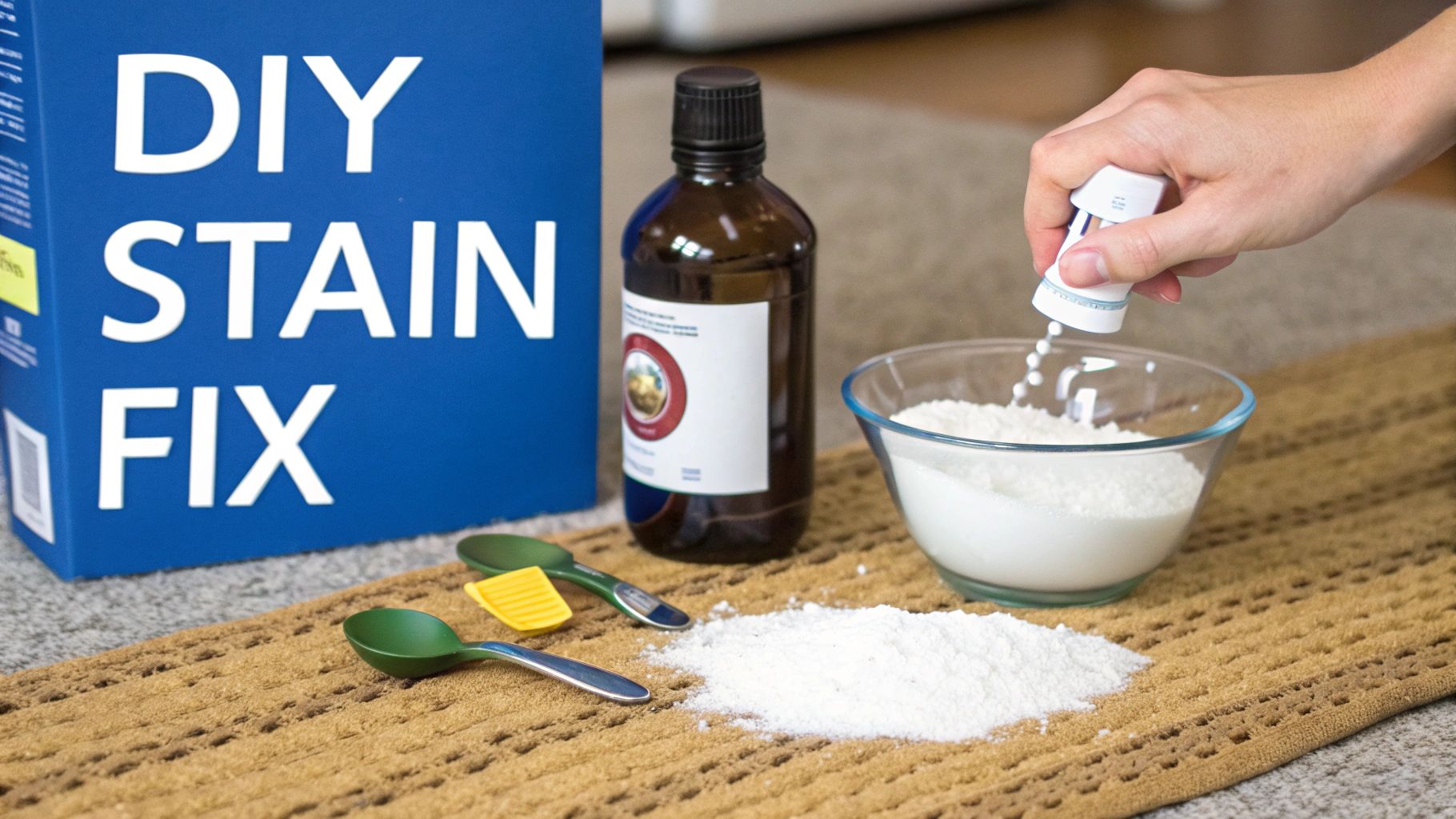 A close-up of a person's hand testing a cleaning solution on a small, hidden corner of a carpet.
