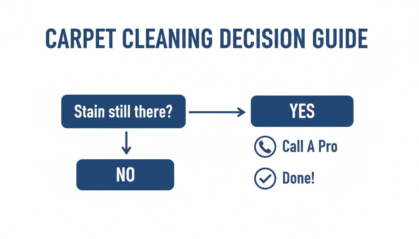 A carpet cleaning decision guide flowchart showing steps: 'Stain still there?'. If 'YES', 'Call A Pro' and 'Done!'. If 'NO', then 'NO'.