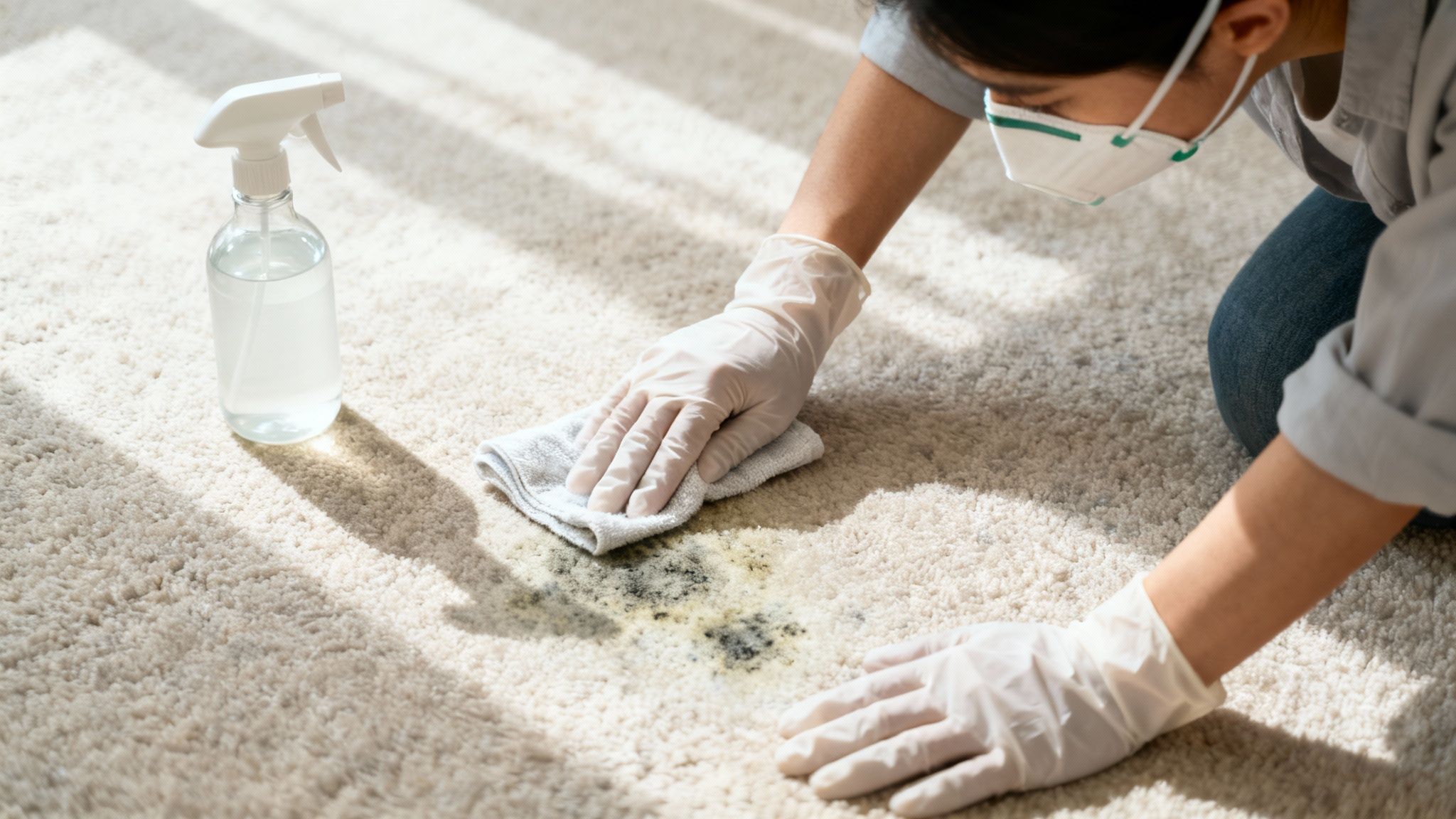 Person in a mask and gloves scrubbing a black mold stain from a cream carpet.