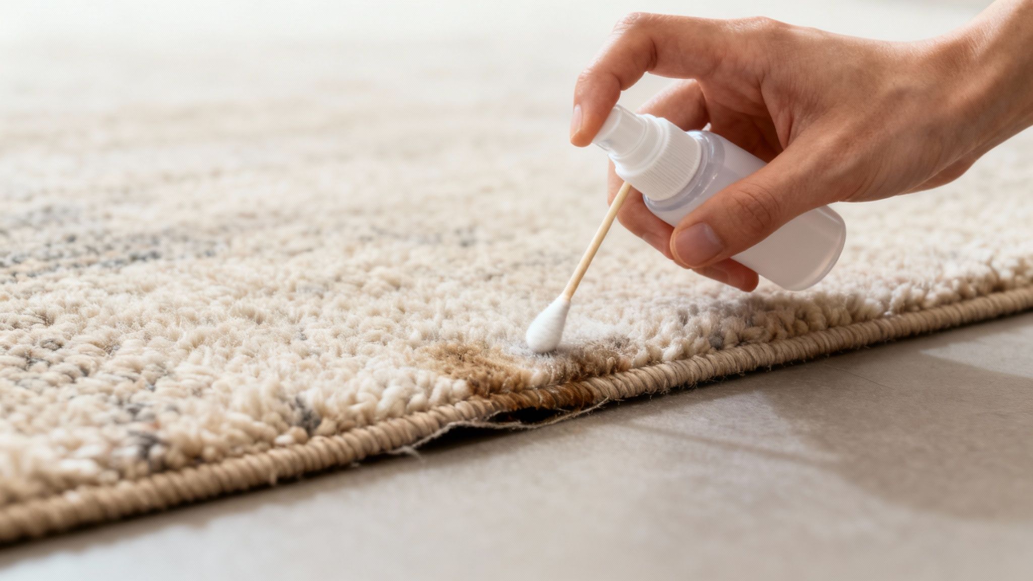 A hand uses a spray bottle and cotton swab to clean a brown stain on a light beige carpet.