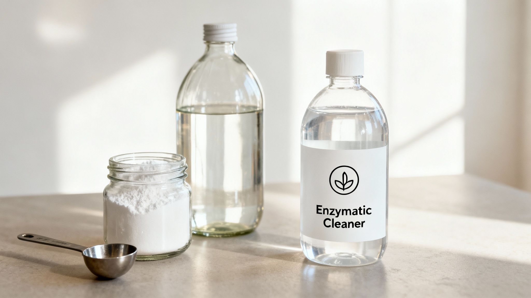 Ingredients for homemade cleaning: baking soda in a jar, clear liquid in bottles, and a measuring spoon.
