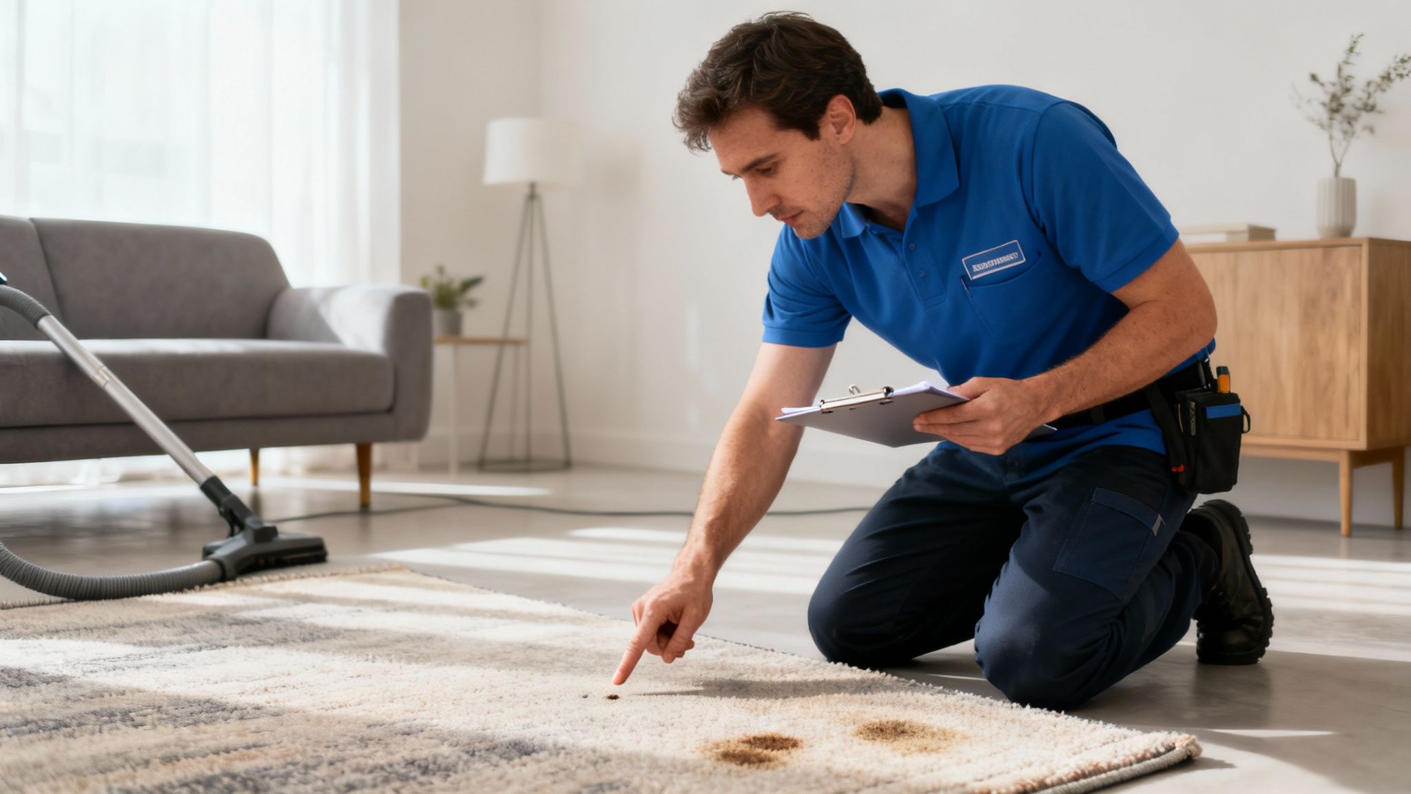 A professional carpet cleaner in a blue uniform kneels, inspecting stains on a rug with a clipboard in a living room.