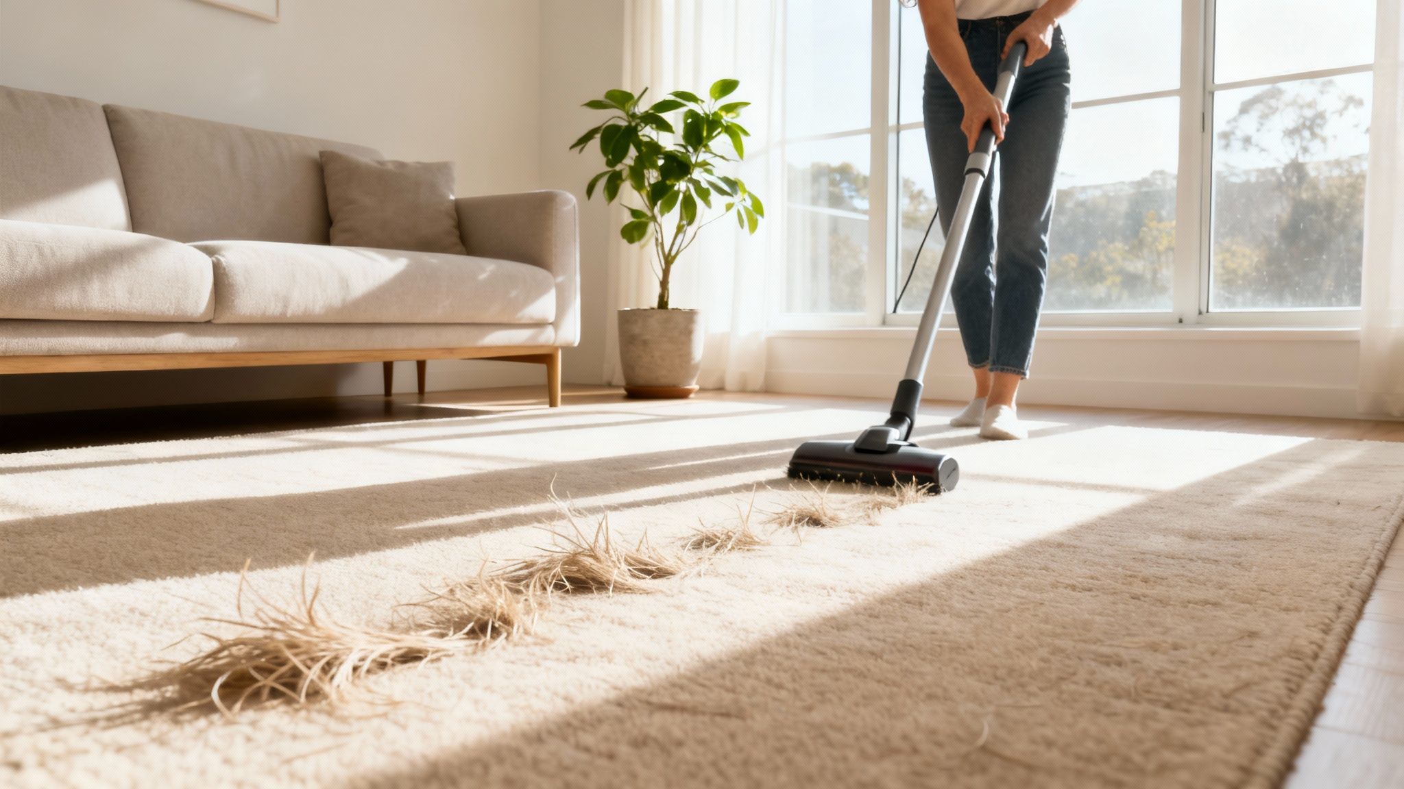 A person vacuums a beige carpet, cleaning a pile of dry debris in a sunny living room.