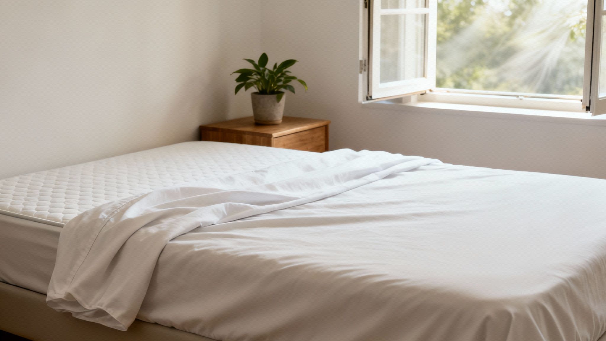 Clean white bedding on mattress with open window and plant in minimalist bedroom
