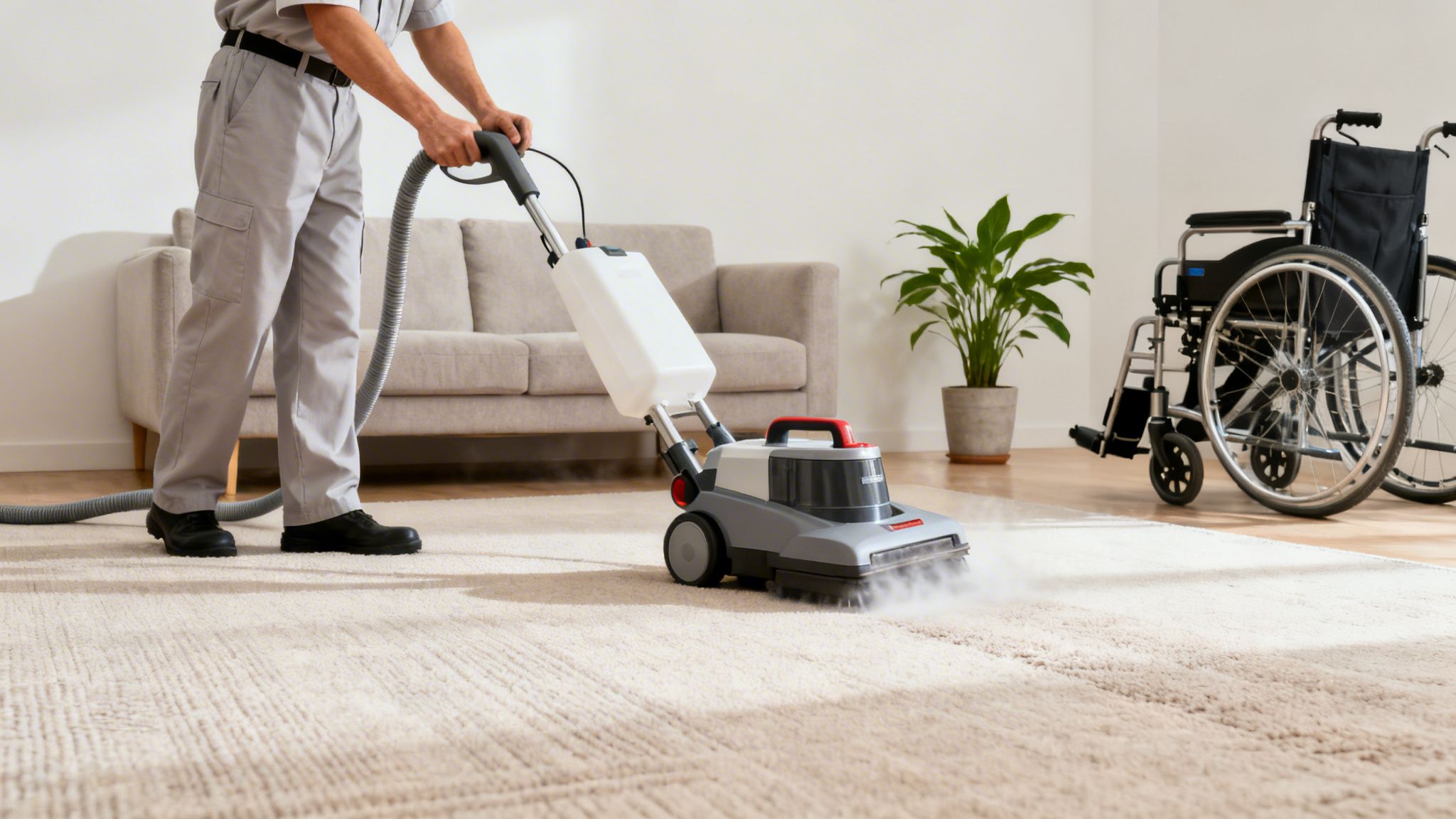 A person in a grey uniform deep cleaning a light-colored carpet with a professional machine.