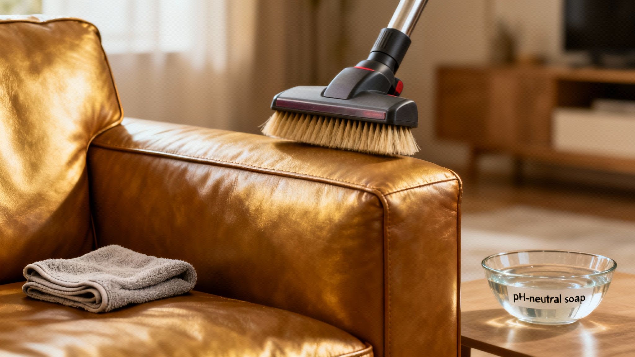 A vacuum cleaner brush cleaning a tan leather couch, with a towel and pH-neutral soap nearby.