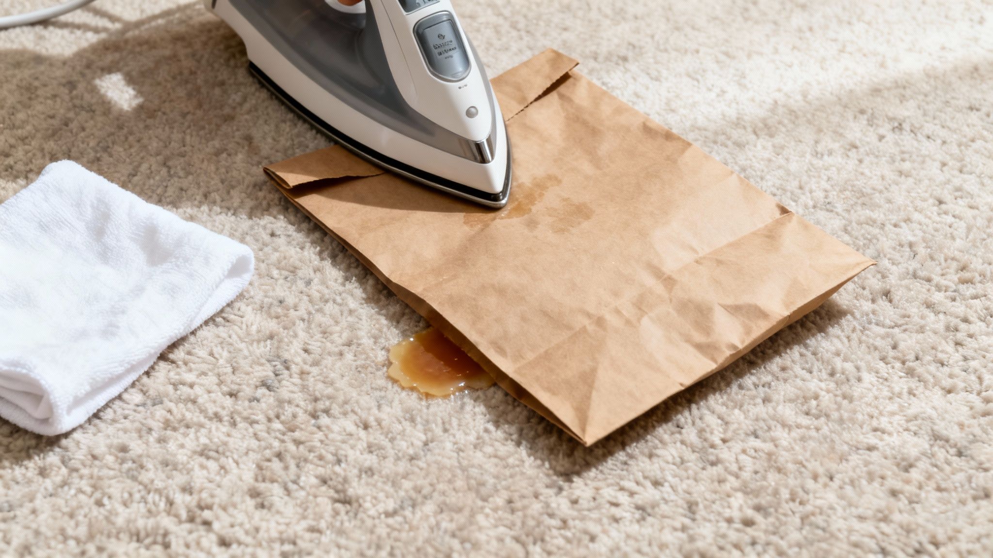 An iron is used with a brown paper bag to remove a yellow wax stain from a beige carpet, with a white towel nearby.