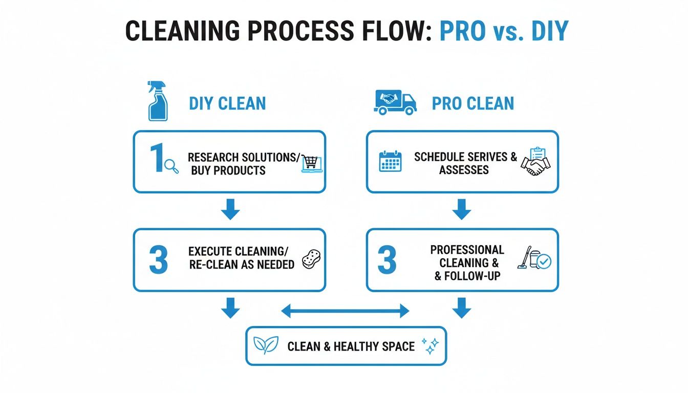 Flowchart comparing DIY cleaning steps versus professional cleaning services to achieve a clean and healthy space.