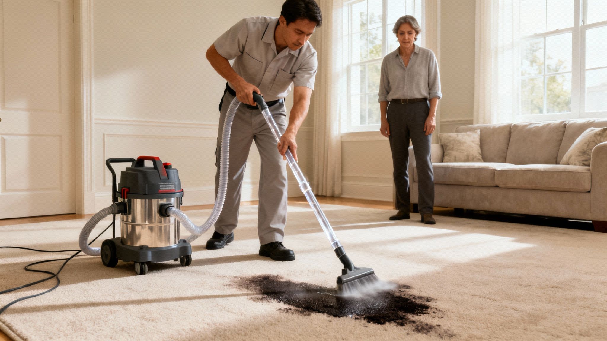 A professional cleaner uses a carpet cleaning machine to remove a large dark stain from a light carpet, while a woman watches.