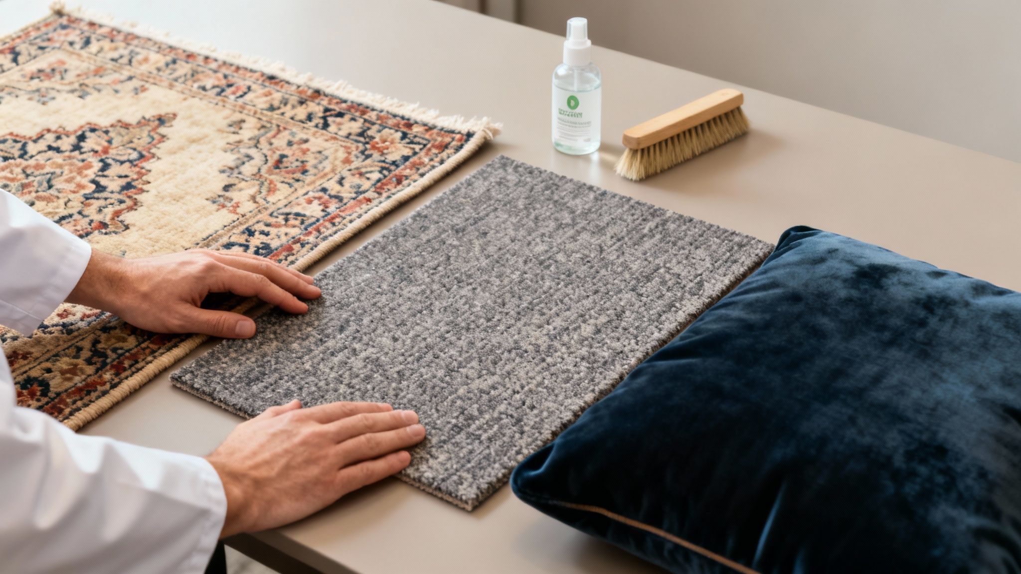 Hands inspect two carpet samples and a velvet cushion, alongside cleaning spray and brush.