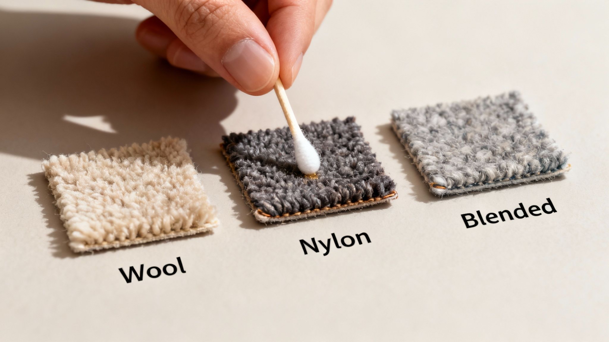 Hand cleaning a nylon carpet sample with a cotton swab, demonstrating stain removal on different carpet types.