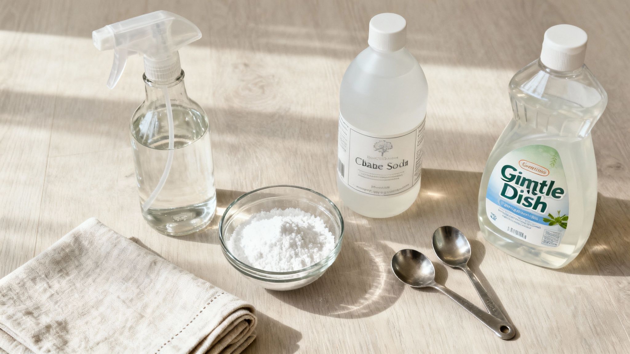 Ingredients for homemade carpet cleaning solutions: soda, dish soap, spray bottle, powder, and spoons.