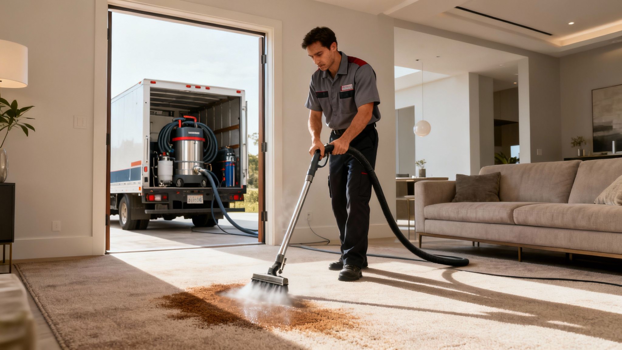 A professional in uniform deep cleaning a significant carpet stain with a truck-mounted cleaner.