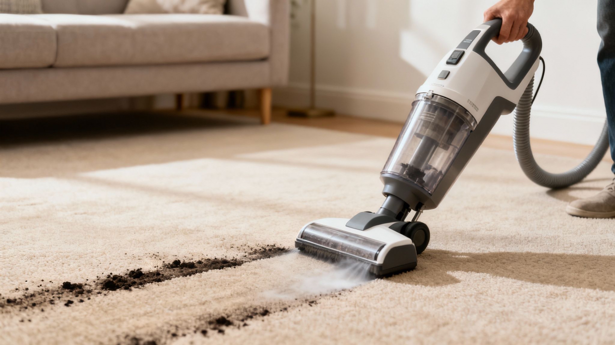 A person using a professional carpet extractor machine to deep clean a light-coloured carpet in a home.