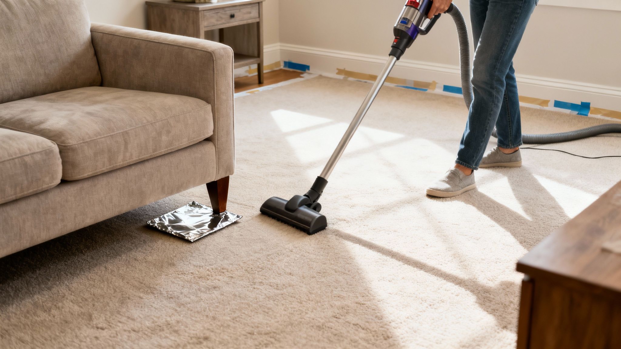 A person uses a vacuum cleaner to clean a light-colored carpet in a sunny room.