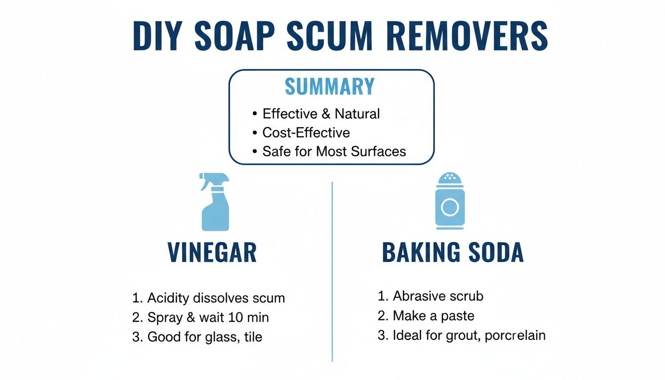 Infographic showing DIY soap scum removers: vinegar for glass/tile and baking soda for grout/porcelain.