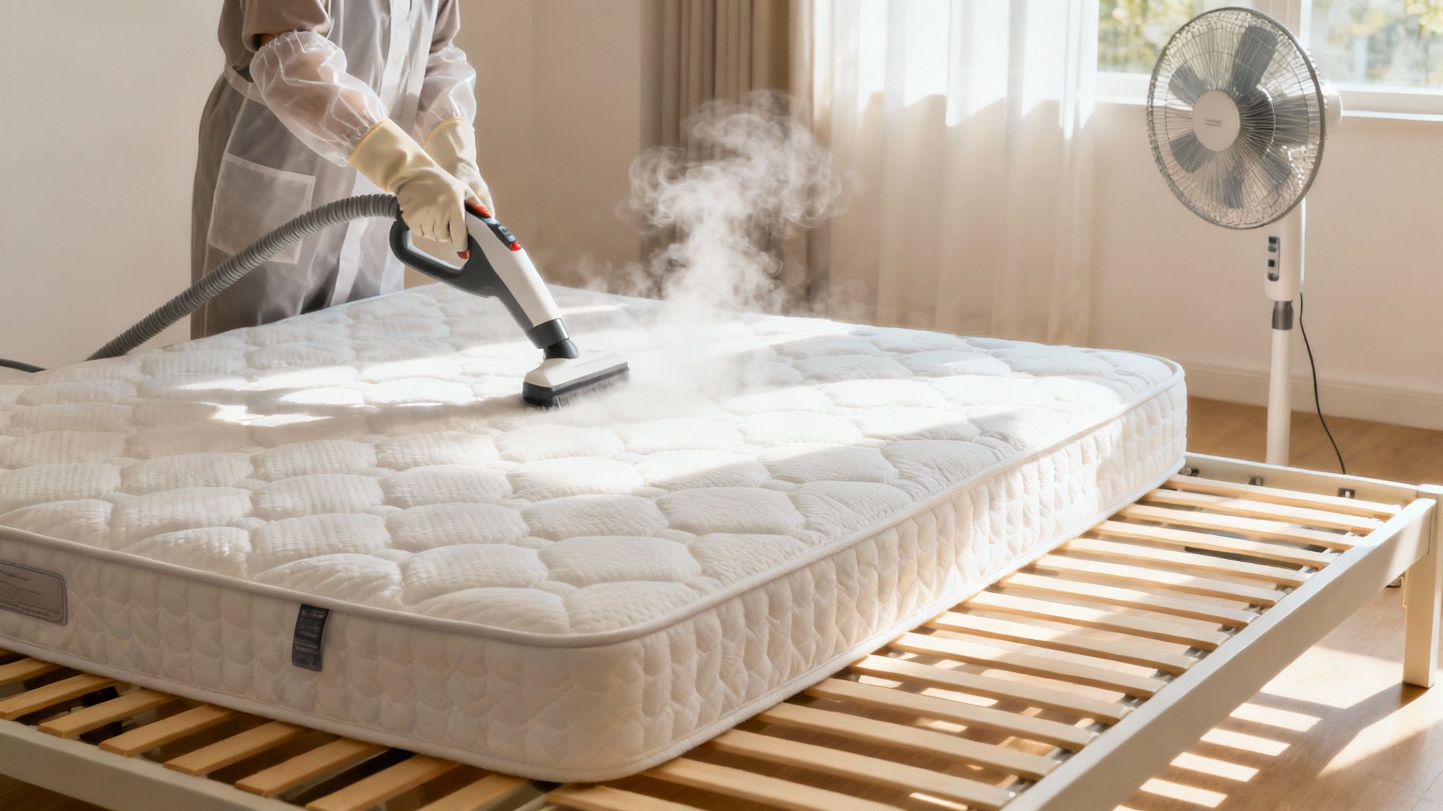 Professional steam cleaning a white quilted mattress on wooden bed frame in bright bedroom