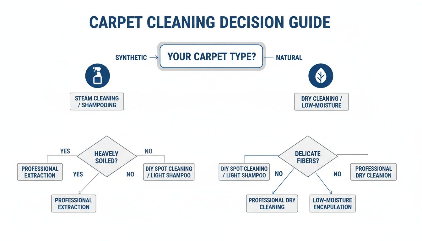 Flowchart guiding carpet cleaning decisions based on carpet type, soil level, and fiber delicacy.