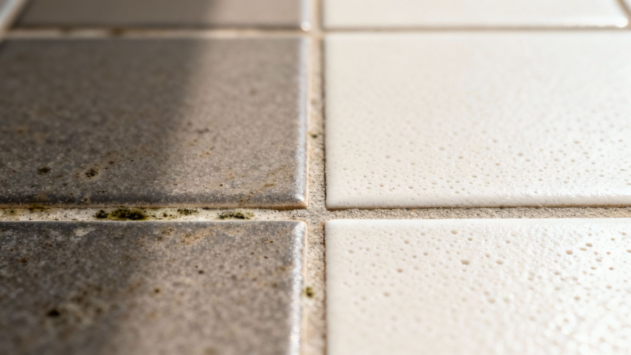Close-up of dirty floor tiles with dark and white tiles, showing moldy grout.