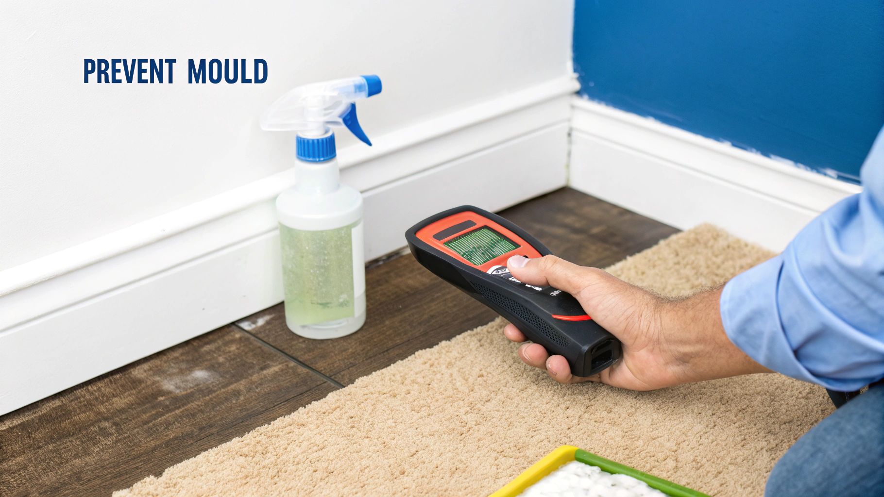 A close-up of a moisture meter being used on a clean, dry-looking carpet.