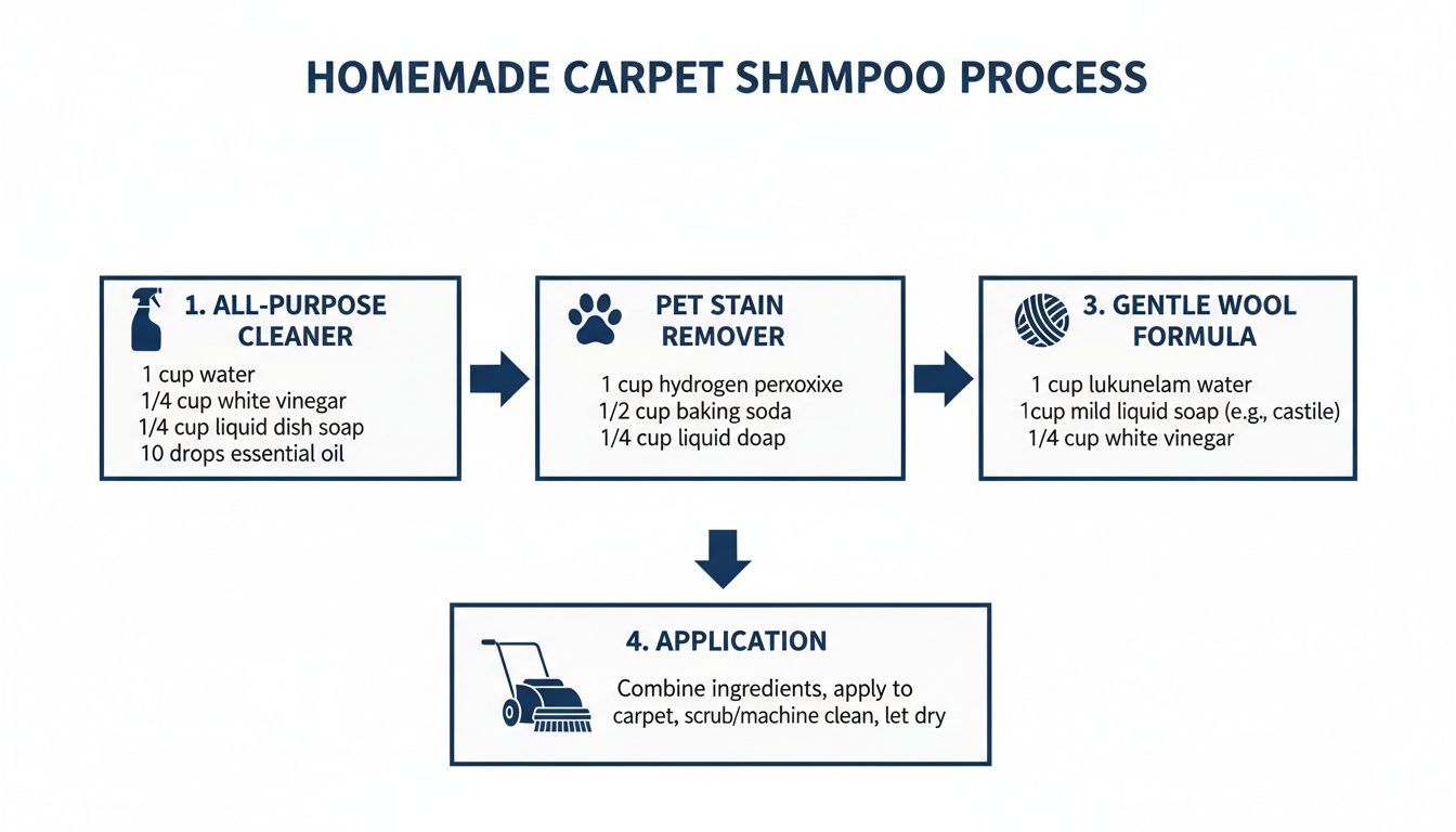 An infographic detailing a homemade carpet shampoo process, showing four formulas: all-purpose, pet stain, wool, and application.