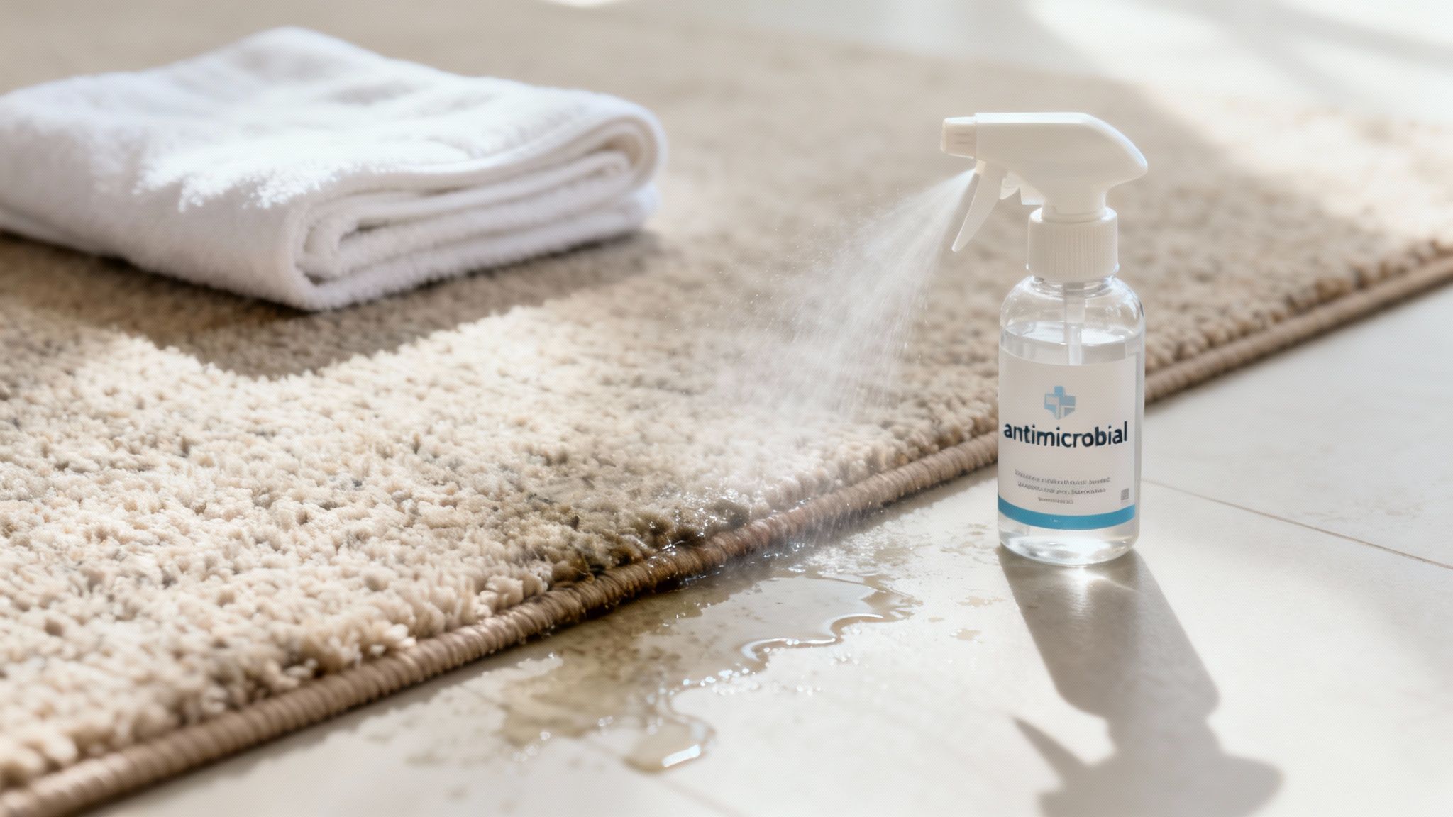 Antimicrobial spray being applied to a wet beige carpet with a clean white towel nearby.