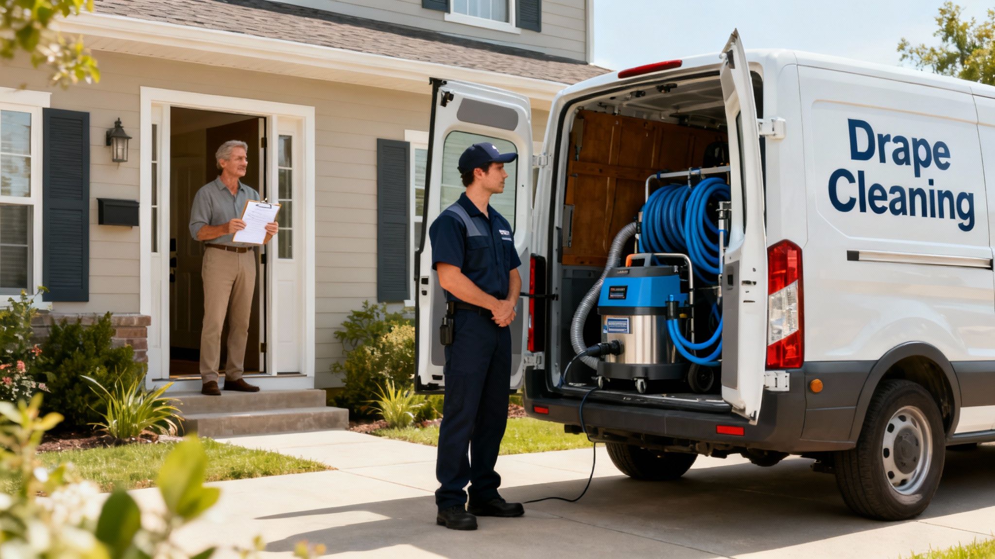 A homeowner discusses drape cleaning service with a technician next to a service van.