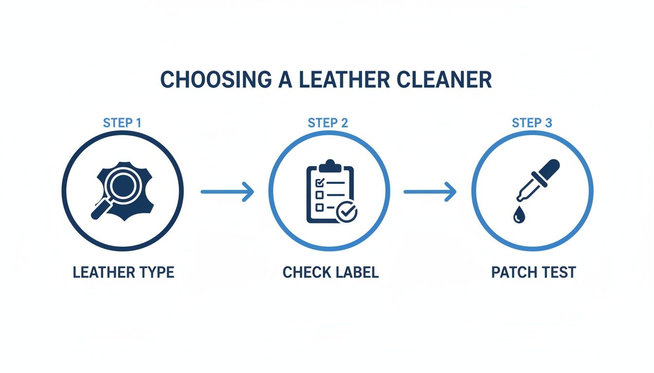 A 3-step guide for choosing a leather cleaner: identify leather type, check label, and patch test.