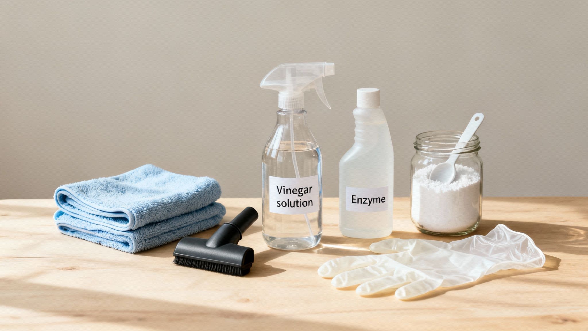 Various natural cleaning supplies including vinegar, enzyme cleaner, baking soda, gloves, and towels on a wooden table.