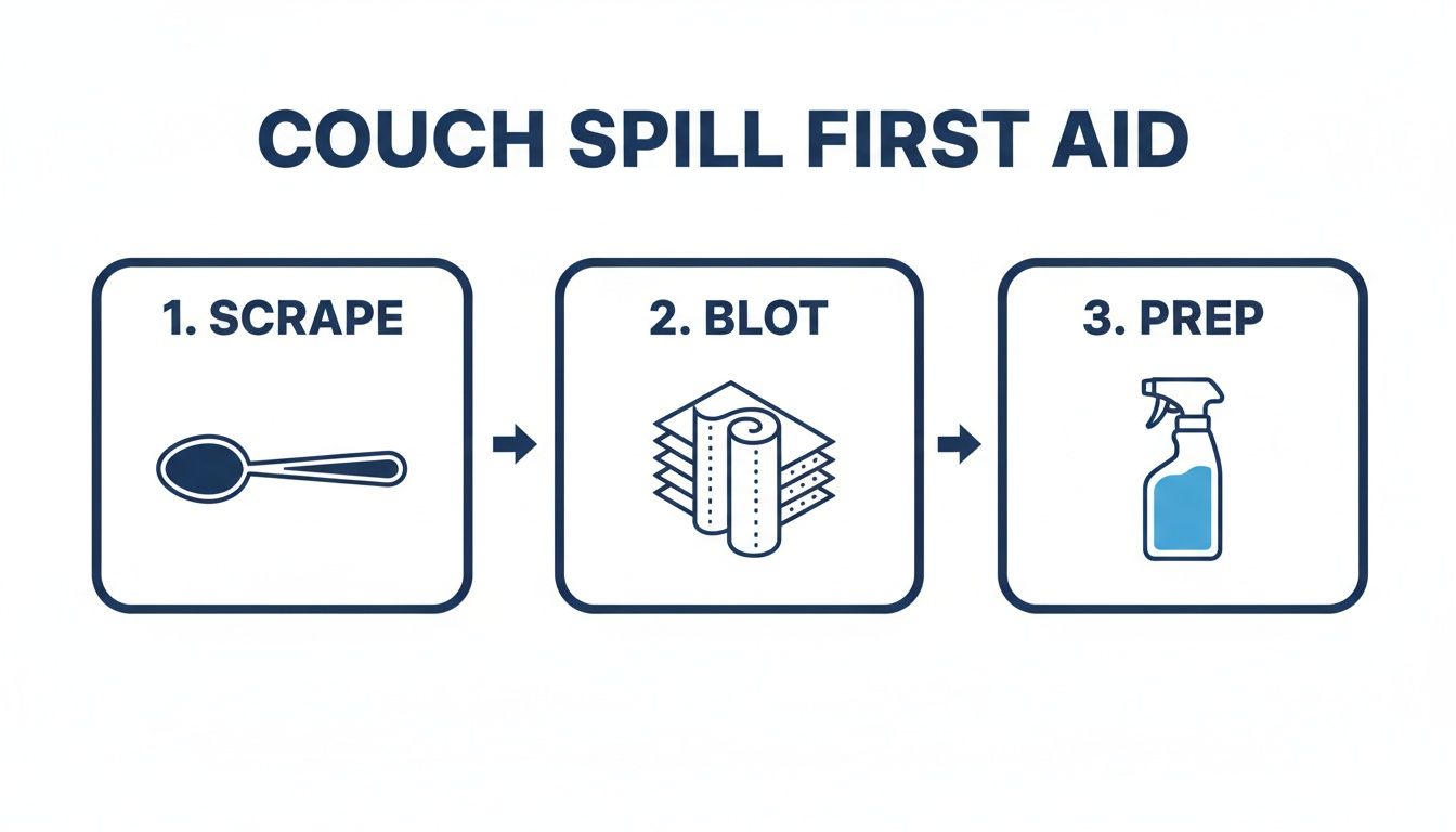 Infographic illustrating three steps for couch spill first aid: scrape, blot, and spray.