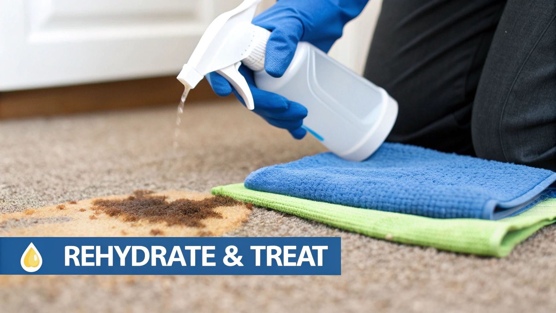A person blotting a coffee stain on a light-coloured carpet with a white cloth.