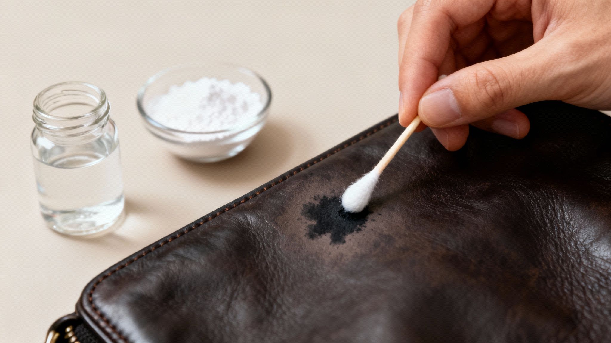 Close-up of a hand using a cotton swab to clean a dark stain on brown leather.