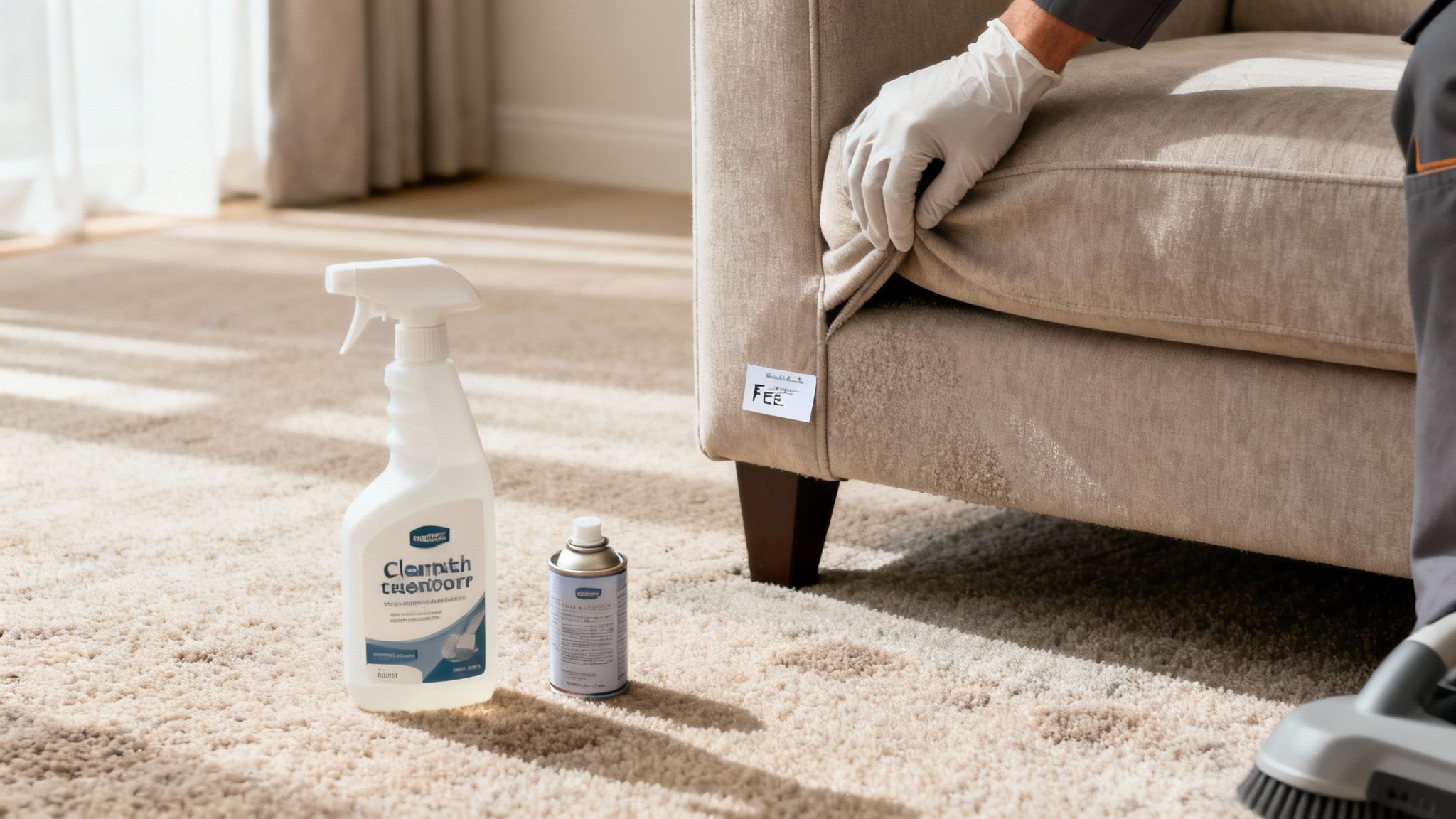 A professional cleaner in gloves attends to a beige sofa, surrounded by carpet cleaning supplies.