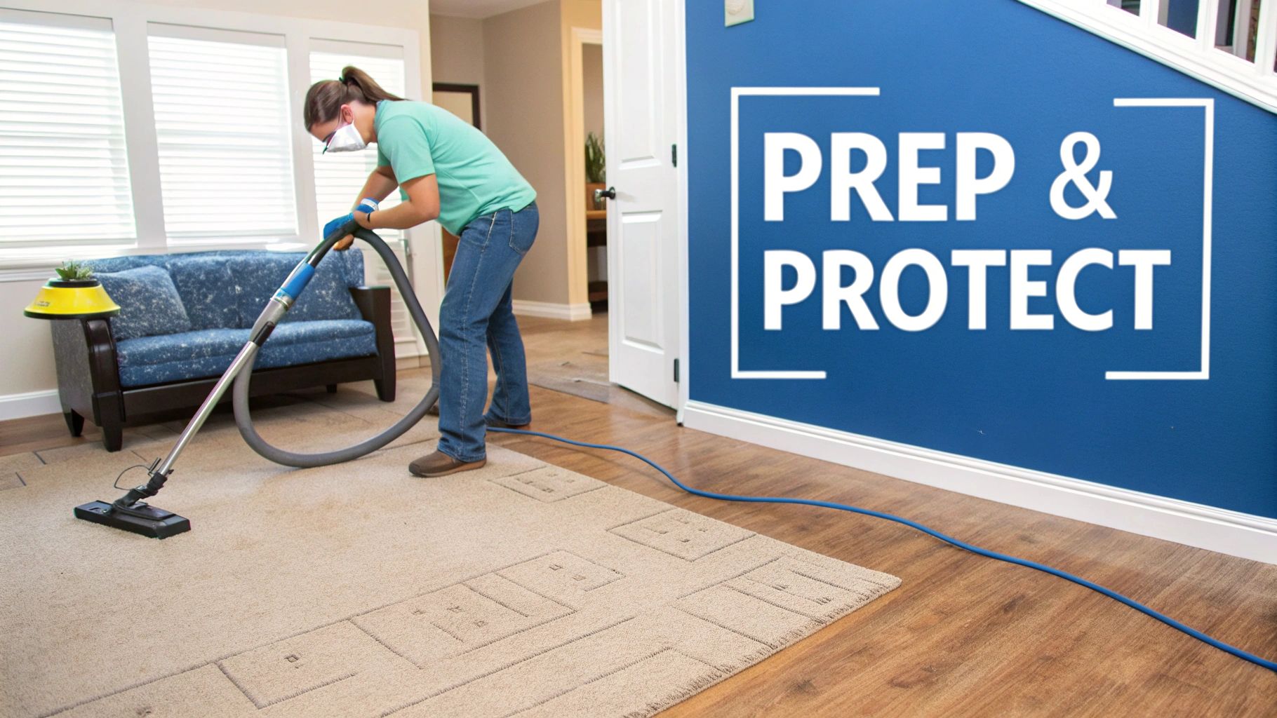 A clean, bright living room with recently cleaned carpets and furniture neatly arranged.