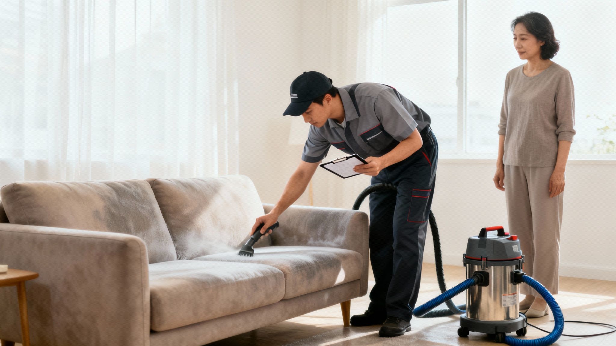 Professional technician deep cleaning beige fabric sofa with vacuum equipment while homeowner supervises