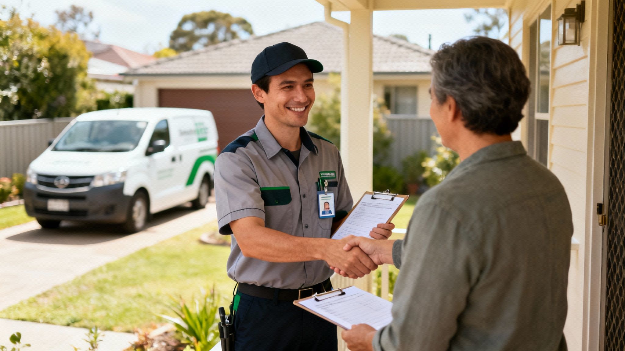 A smiling service technician shakes hands with a customer at their home, with a service van nearby.