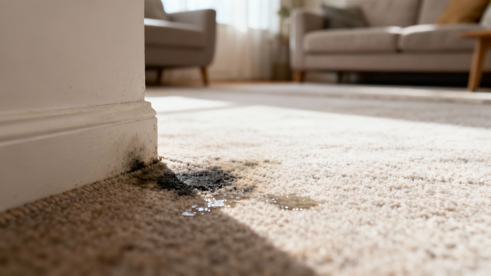 Close-up of black mold and water damage on a white baseboard and beige carpet.
