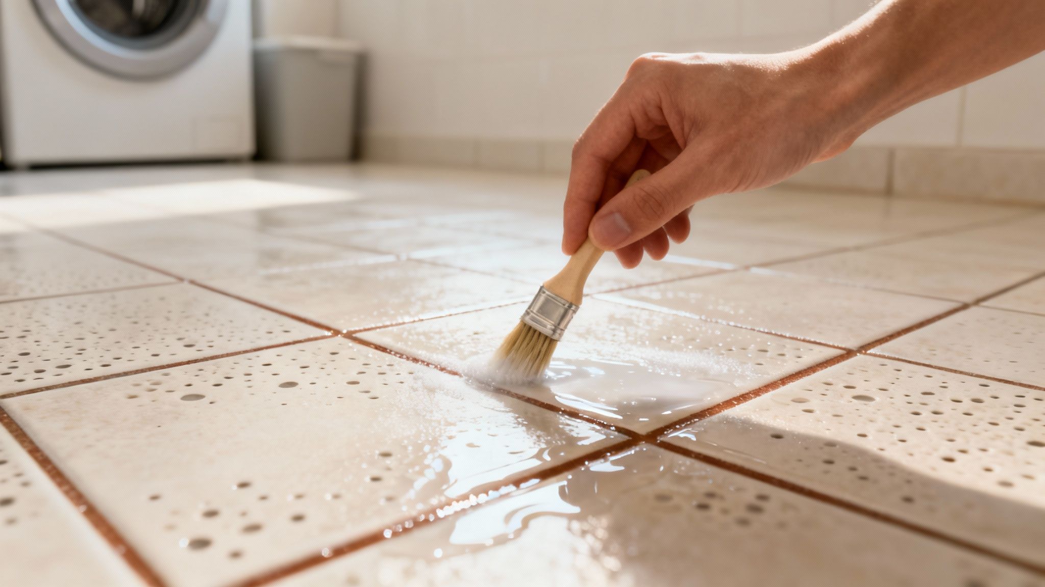 A hand uses a brush to apply a cleaning solution to the grout lines of light floor tiles.