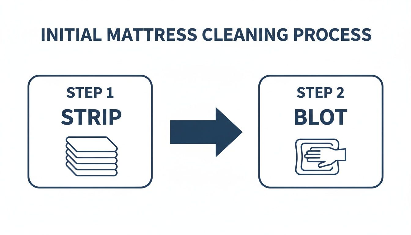 Diagram illustrating the initial mattress cleaning process with two steps: strip linens and blot area.