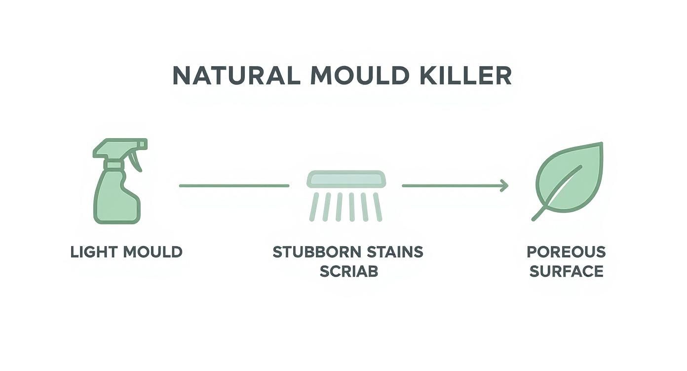 Diagram showing natural mould killer process: spray for light mould, brush for stubborn stains, safe for porous surfaces.