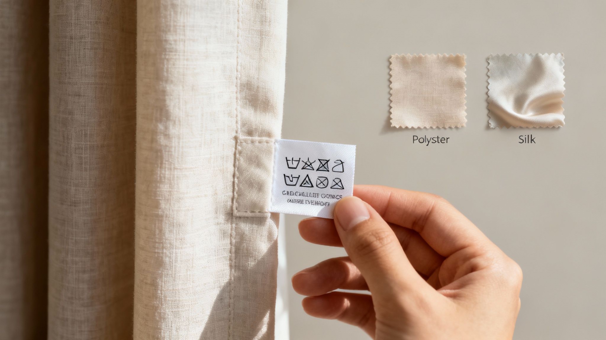 Hand holding a curtain care label with washing symbols, next to polyester and silk fabric swatches.