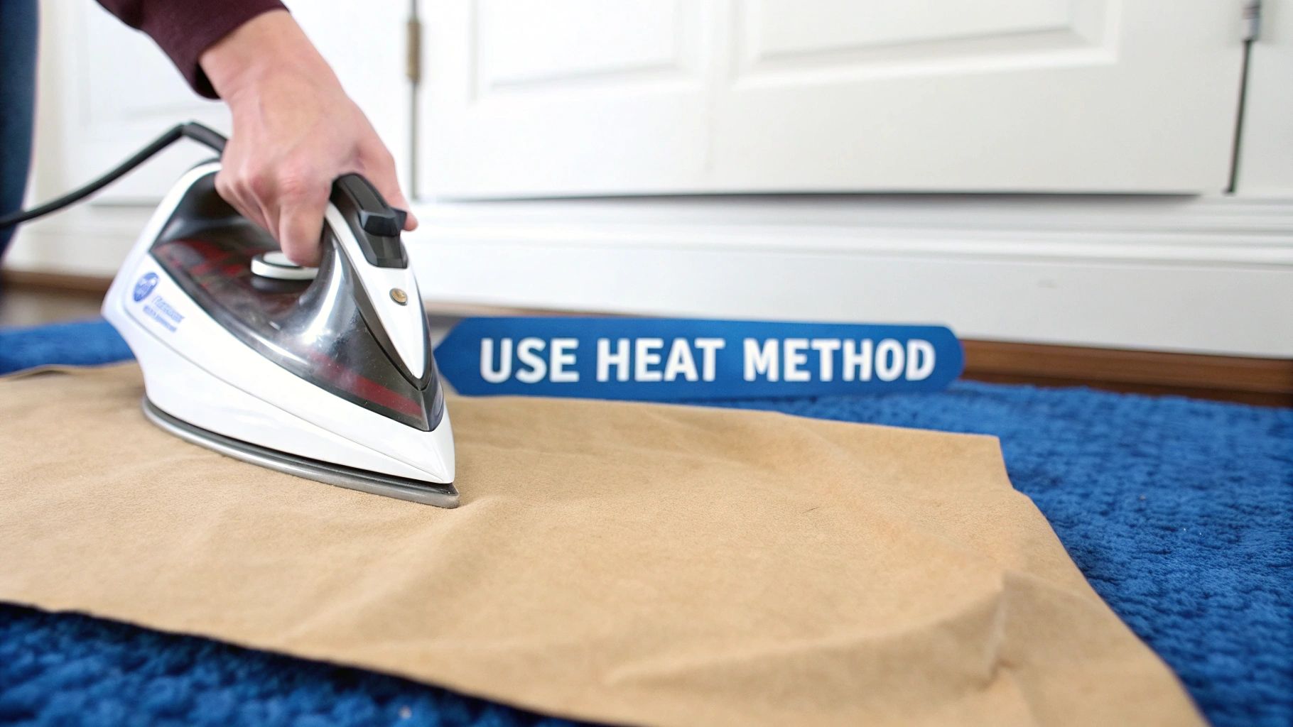 An iron being used on a cloth over a carpet to remove wax.