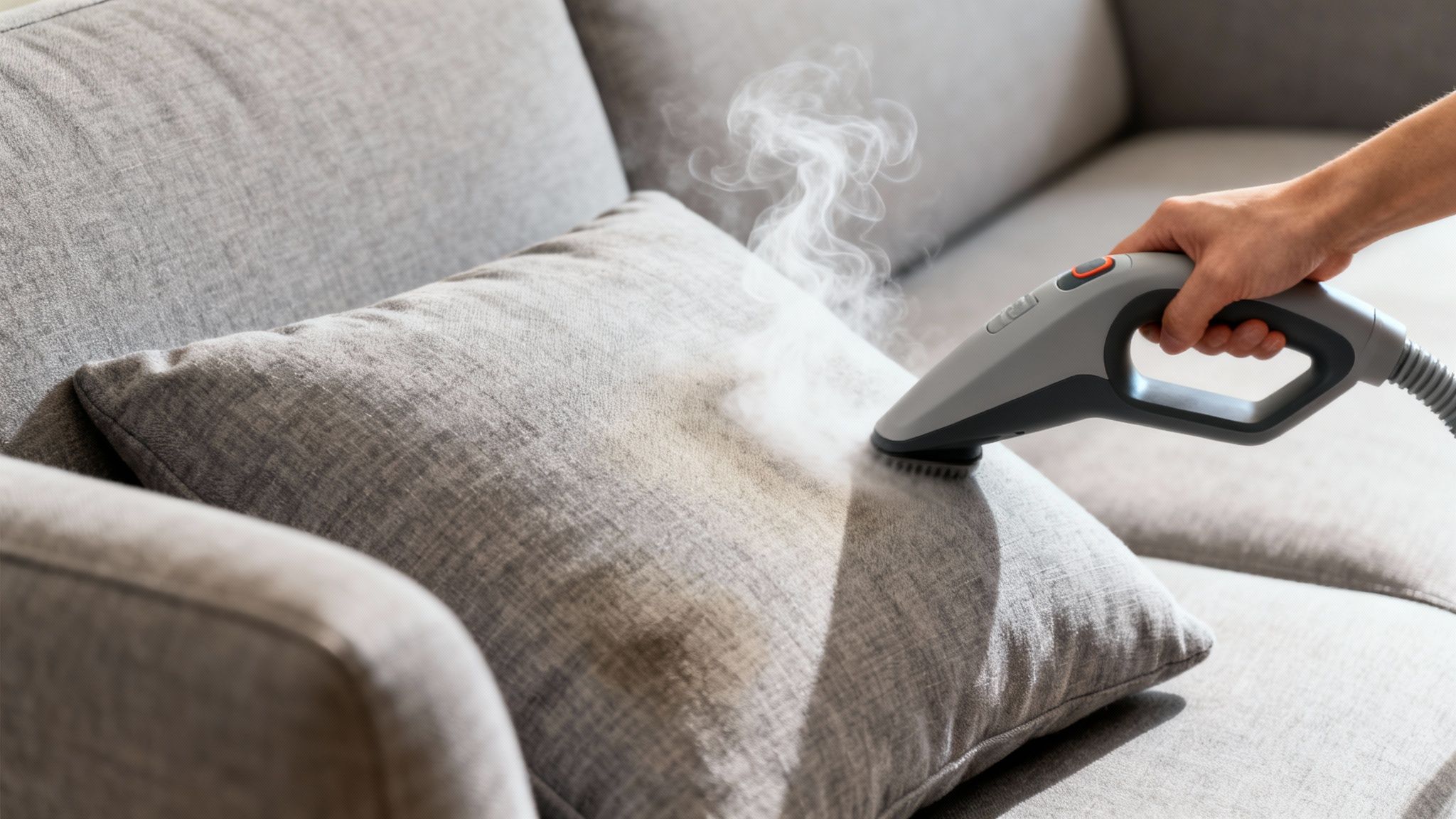 A hand uses a steam cleaner on a grey fabric sofa cushion, releasing steam.