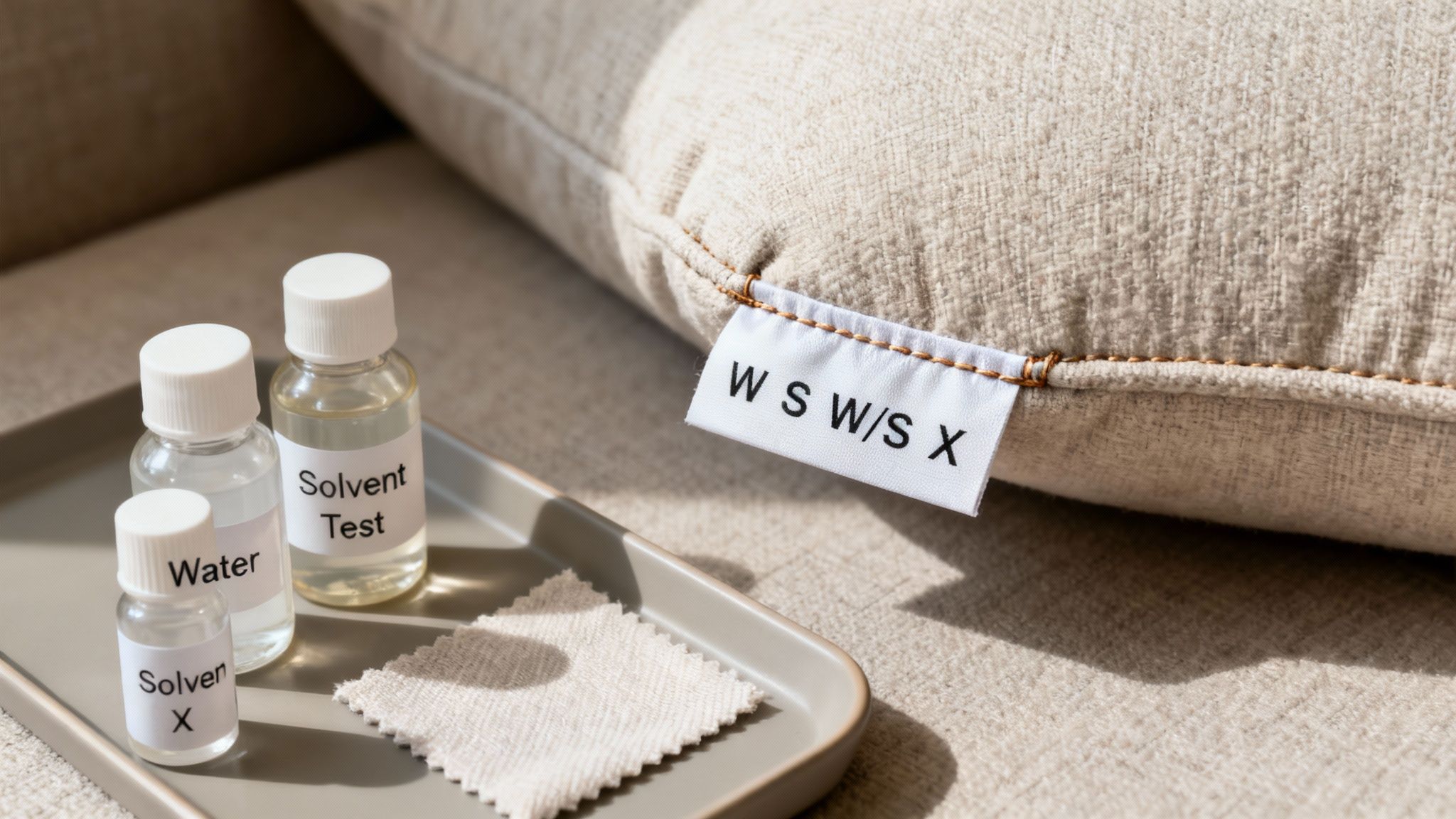 Small bottles of cleaning solutions labeled 'Water' and 'Solvent' with fabric swatch on a tray, next to a cushion with a care tag.